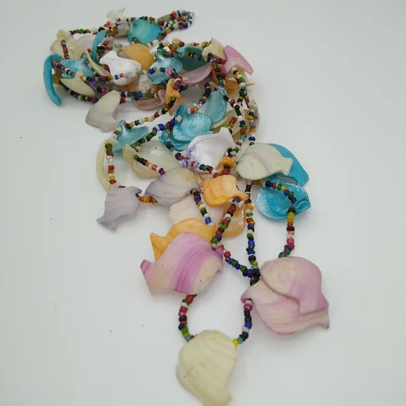 Pastel Dyed Seashell Fish Colorful Multi Strand Seed Bead Necklace 27" Vintage - Picture 3 of 14